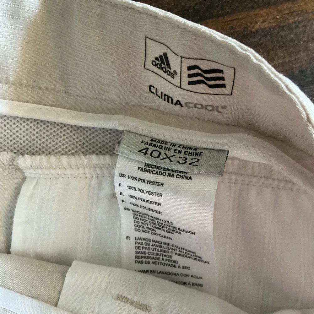 Adidas ClimaCool Mens Golf Pants 40x28 Beige Tan 3-Stripe Straight Leg Polyester